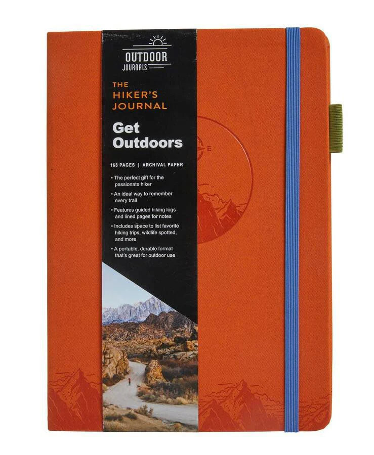 The Hikers Journal, orange cover with blue elastic band. Mountain-themed packaging included.