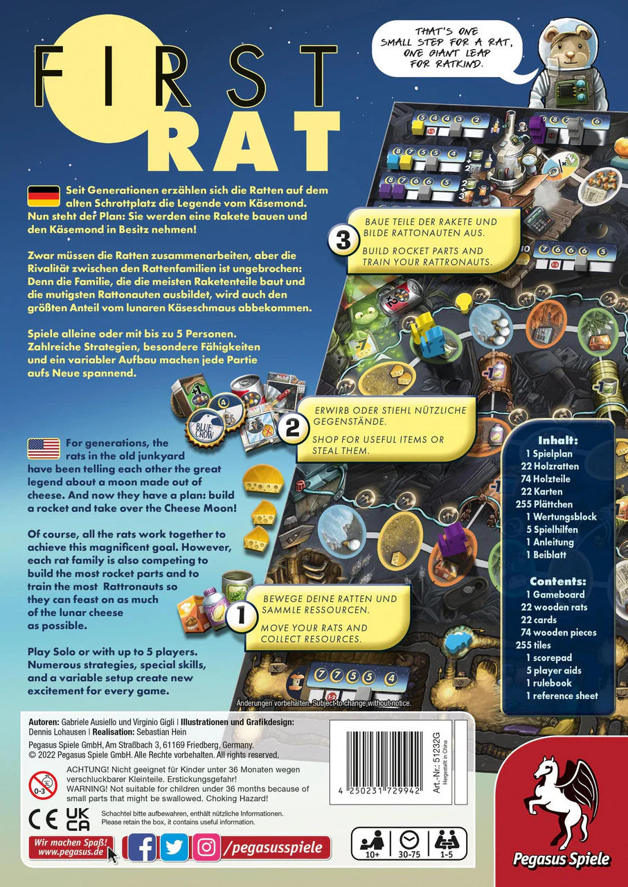 Back of First Rat board game box showing overview, components list, illustrations, and gameplay instructions.