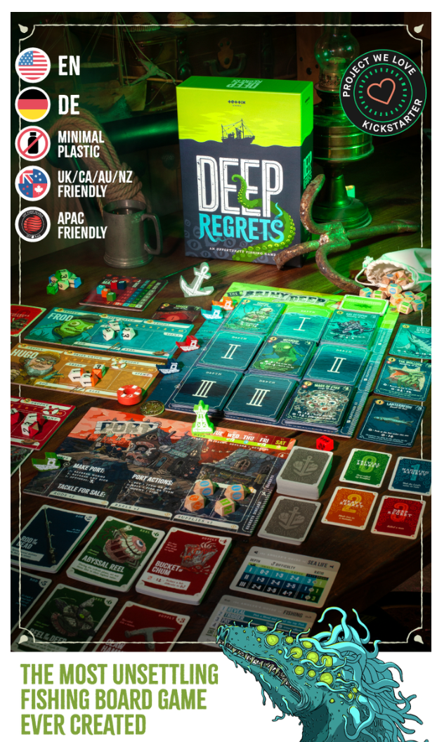 The Deep Regrets KICKSTARTER EDITION horror fishing game with cards, pieces, and tokens.