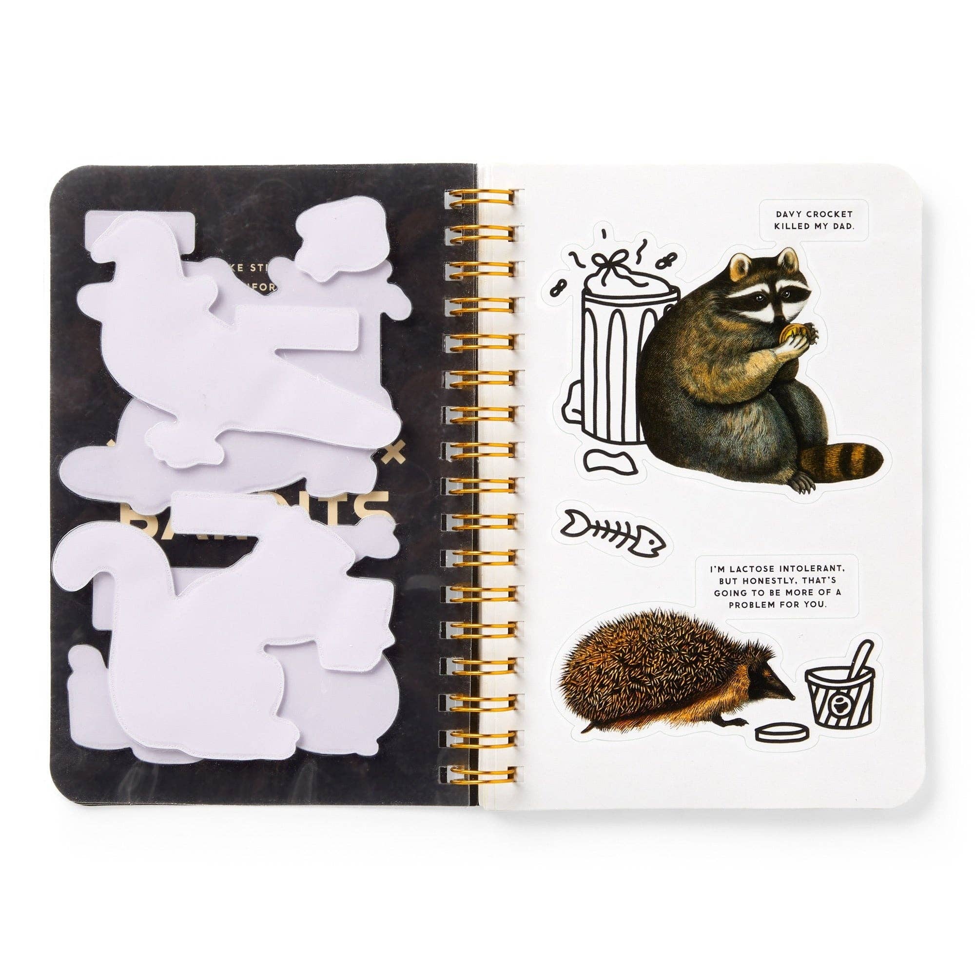 Brass Monkey Trash Bandits Sticker Book next to open notebook with animal sticky notes.
