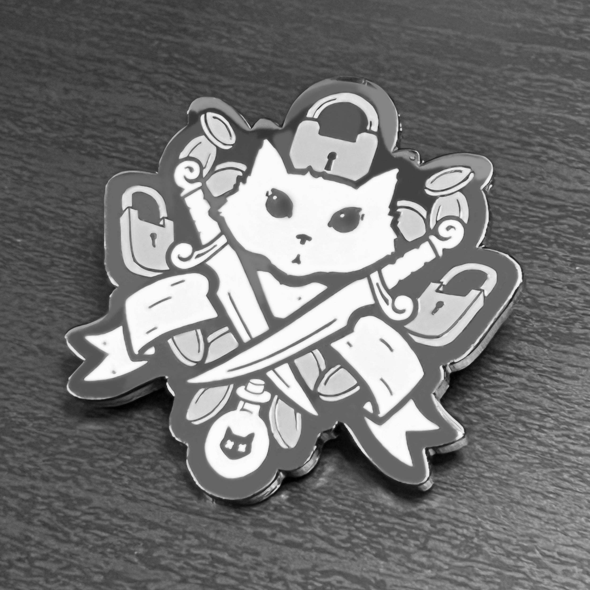 Rogue Enamel Pin featuring a black and white cat with swords, padlocks, keys; black nickel-plated hard enamel.