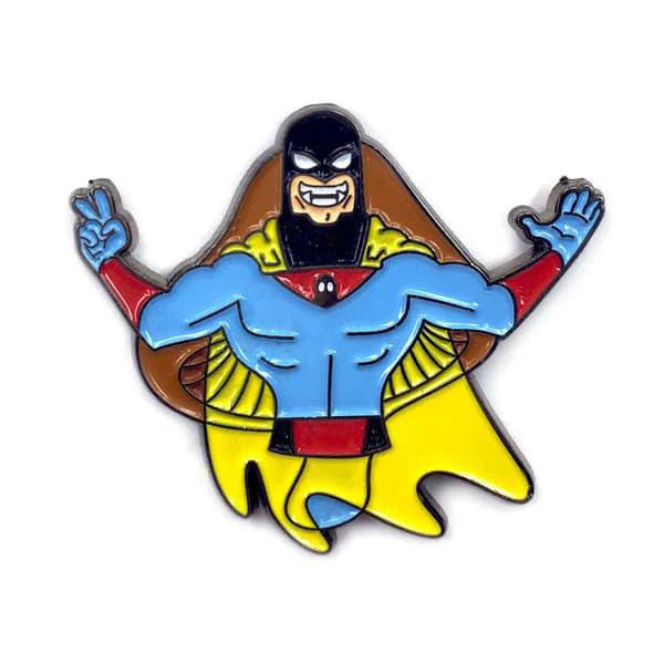 Space Ghost enamel pin, standard version; blue suit, yellow cape, red gloves, peace signs, rubber backing.