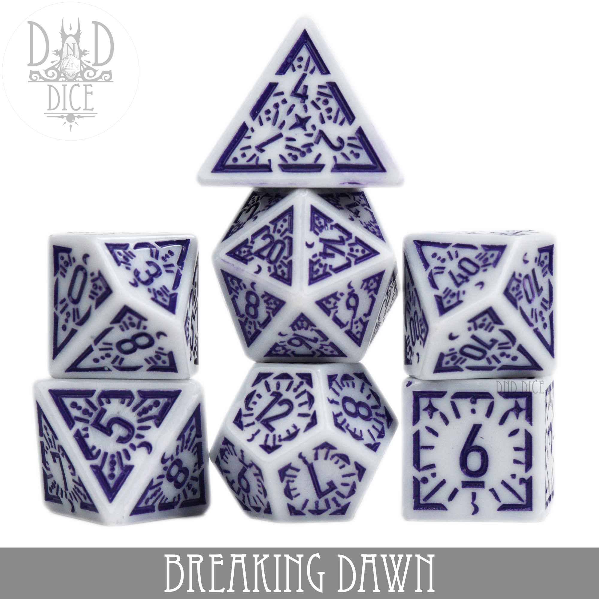 Breaking Dawn 7-piece acrylic dice set with detailed purple designs for DND.