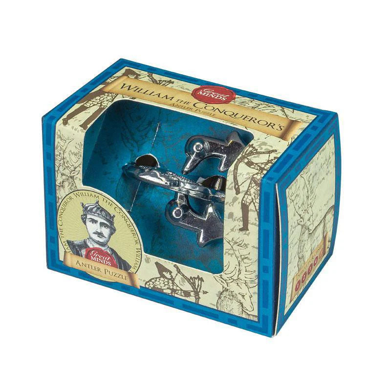 William the Conquerors Metal and Wood Puzzle from the Great Minds collection in blue and beige packaging.