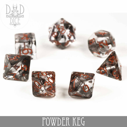 Smoky gray resin 7-dice set with orange numbers, labeled Powder Keg at the bottom.