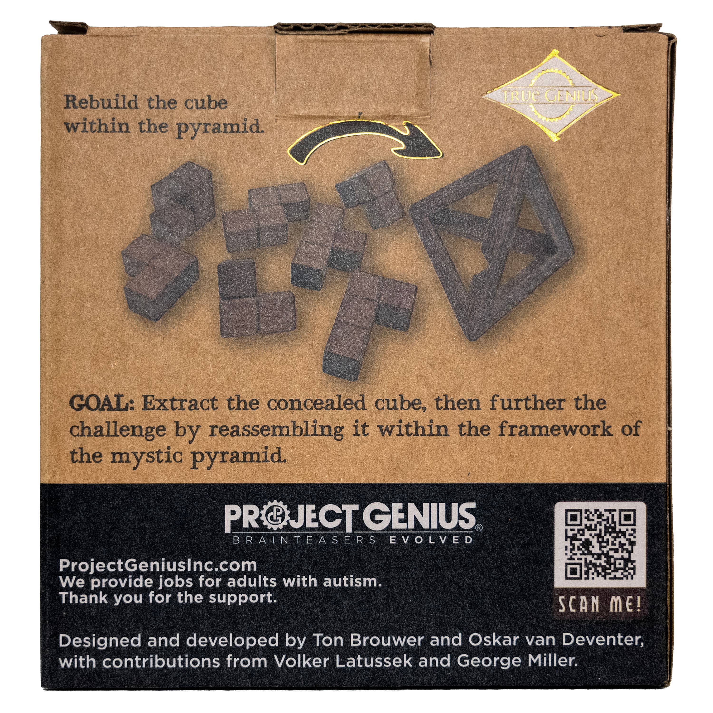 The True Genius Egyptian Triglyph Puzzle with wooden pieces and instructions for assembling a soma cube in a pyramid frame.