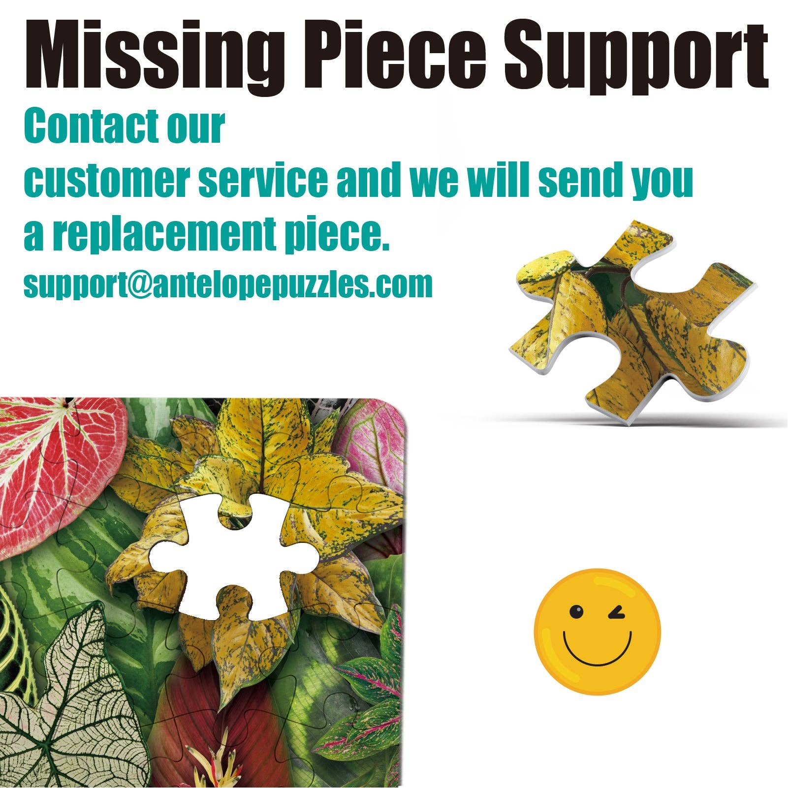 Foliage Frenzy 1000 Piece Jigsaw Puzzle with support information for missing pieces.