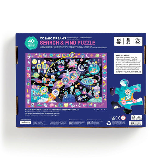 Cosmic Dreams 64 Piece Search & Find Puzzle featuring planets, rockets, and seek-and-find elements.
