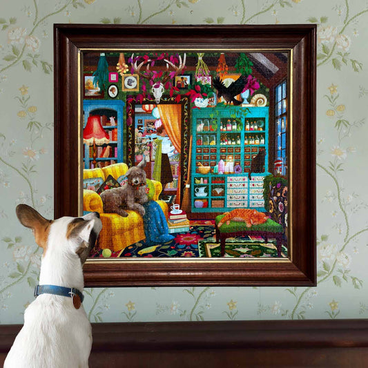 Sorcerers Den 1000 Piece Puzzle by Jennifer Potter featuring a dog looking into a cozy room.