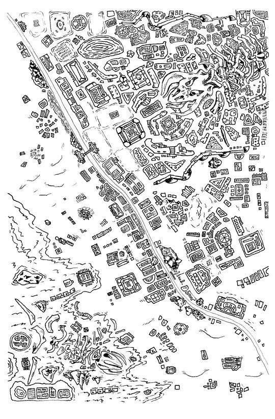 Hand-drawn black-and-white city map from Claw Atlas: New Maps for Beak, Feather, & Bone with diagonal abstract elements.