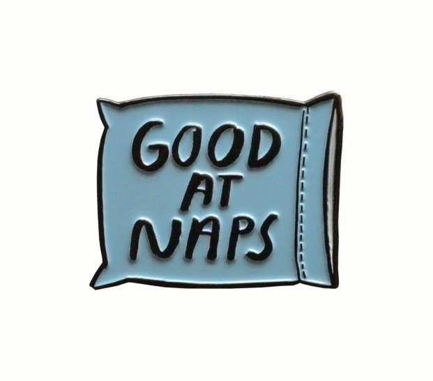 Good At Naps Pin with blue pillow design, available in a 6-pin case pack.