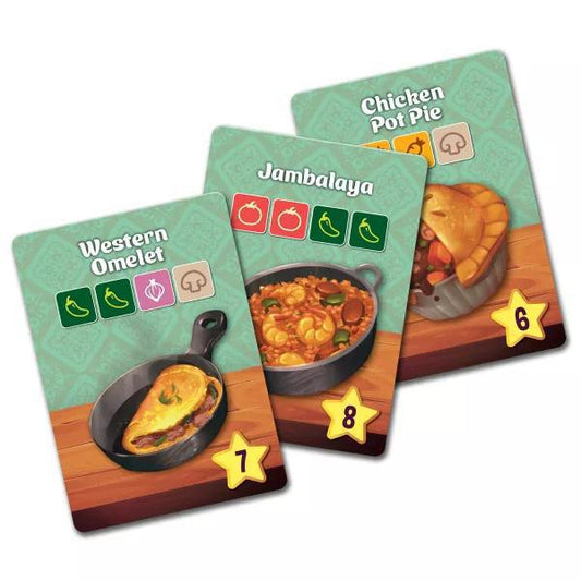Diced Veggies game recipe cards: Western Omelet, Jambalaya, and Chicken Pot Pie.