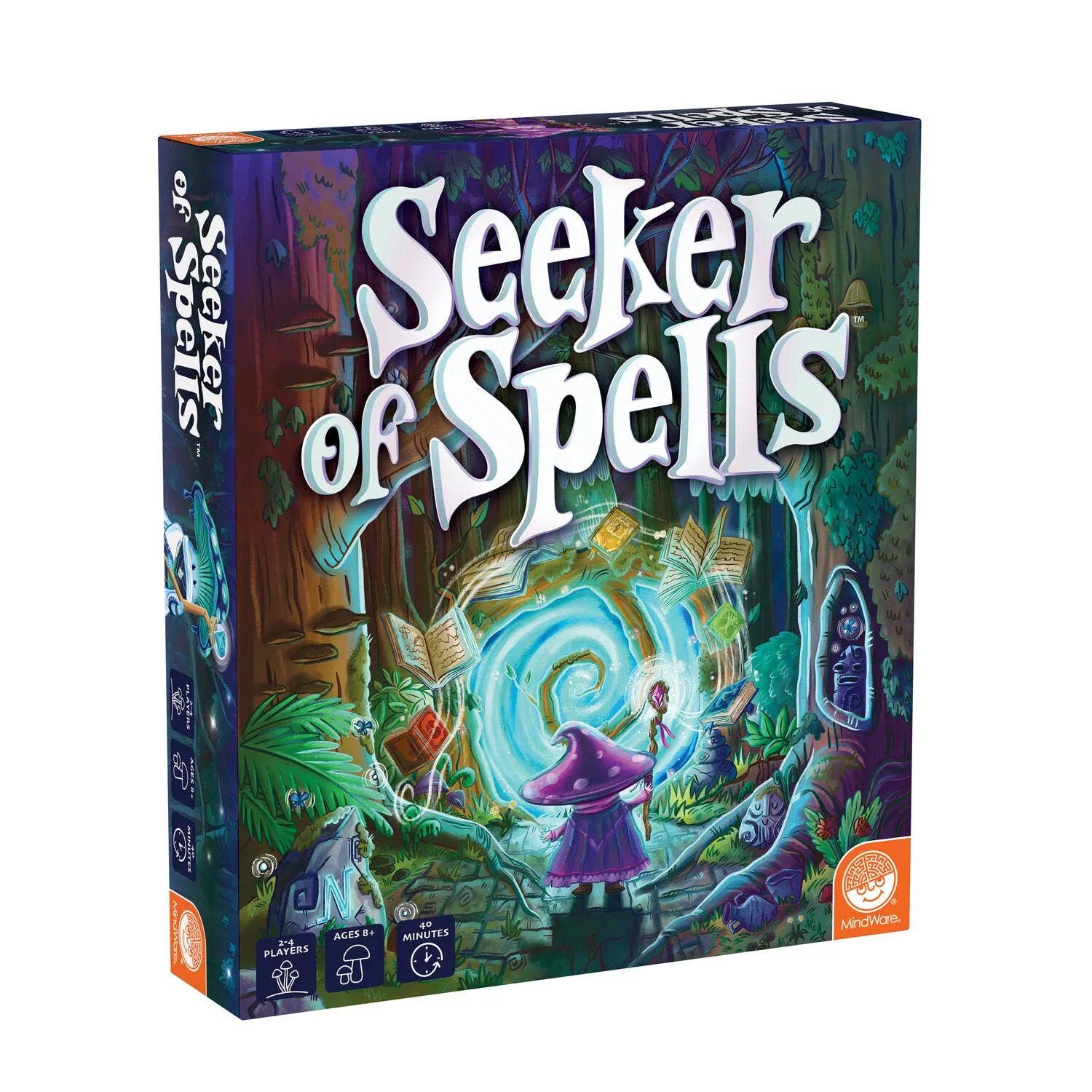 SEEKER OF SPELLS game box featuring a wizard, spellbooks, and a magical forest portal.