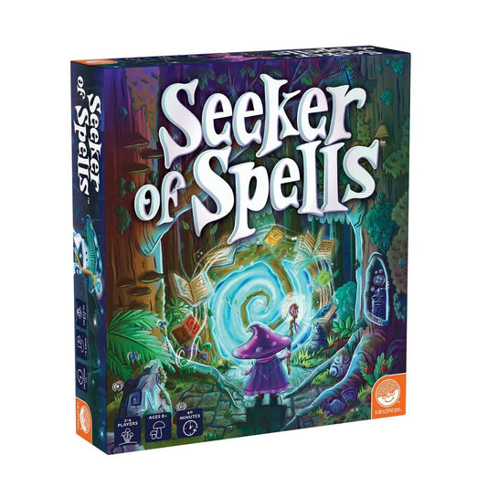 SEEKER OF SPELLS game box featuring a wizard, spellbooks, and a magical forest portal.
