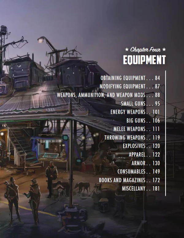 Fallout RPG Core Rulebook, Chapter Four: Equipment section topics listed over a post-apocalyptic settlement background.