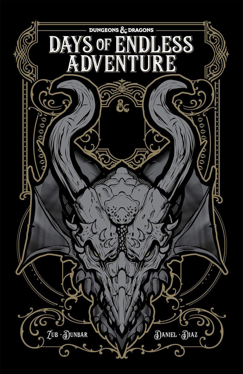 Dungeons & Dragons: Days of Endless Adventure, black cover with horned dragon skull design.