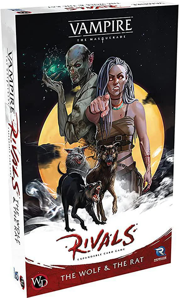 The Wolf & Rat Expansion for Vampire The Masquerade Rivals ECG features a vampire, woman, and two dogs on the box art.