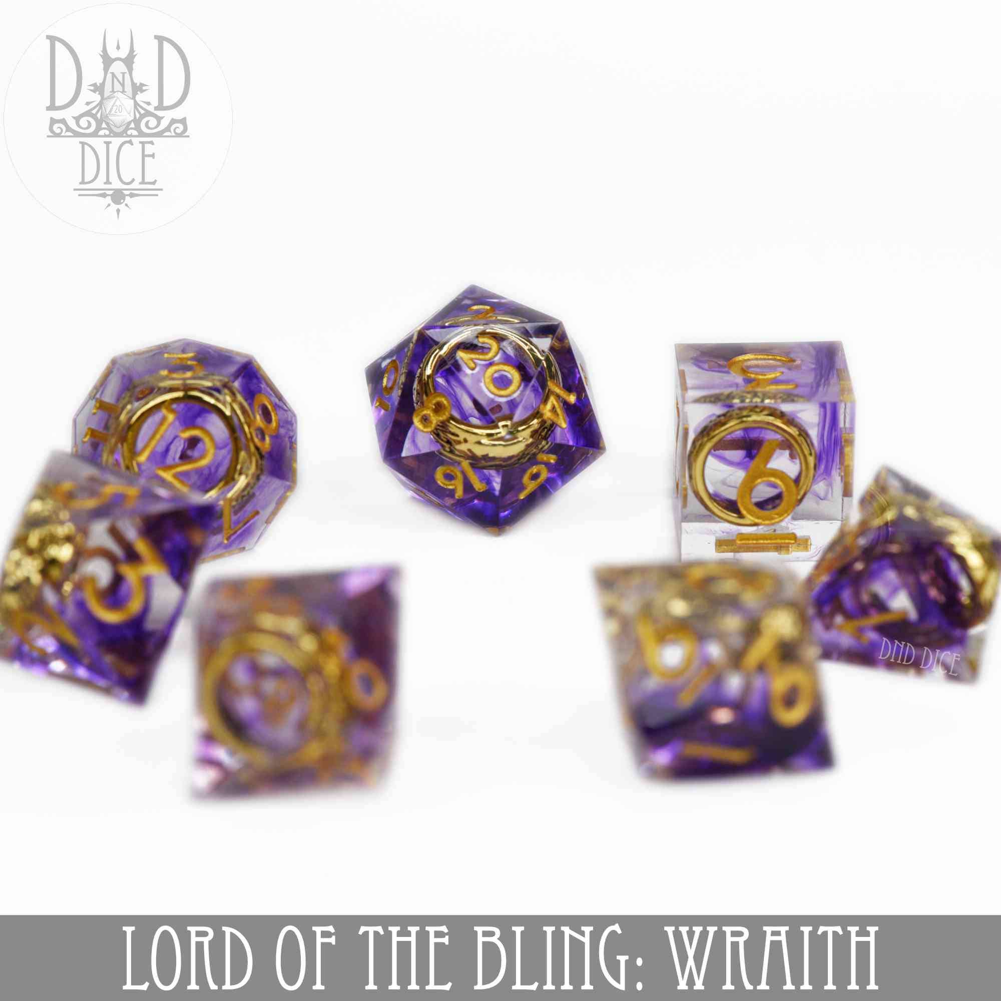 Six translucent purple resin dice with gold numbers, Lord of the Bling: Wraith handmade set for tabletop gaming.