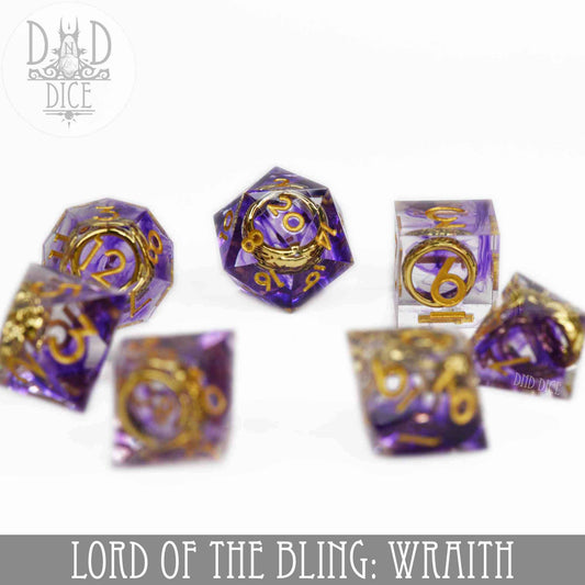 Six translucent purple resin dice with gold numbers, Lord of the Bling: Wraith handmade set for tabletop gaming.