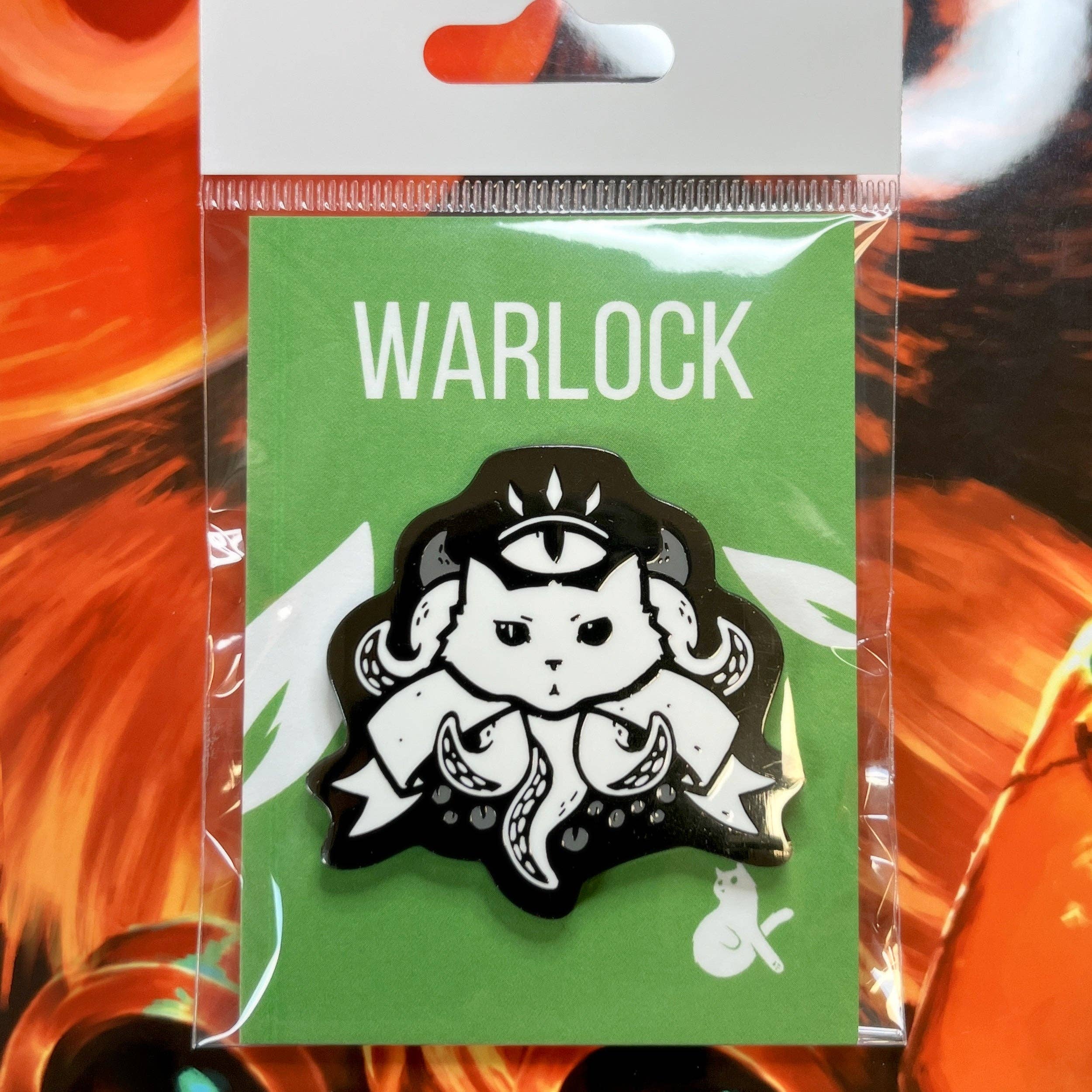 Warlock enamel pin featuring a white cat with tentacles, third eye, and “WARLOCK” text on green in black nickel hard enamel.