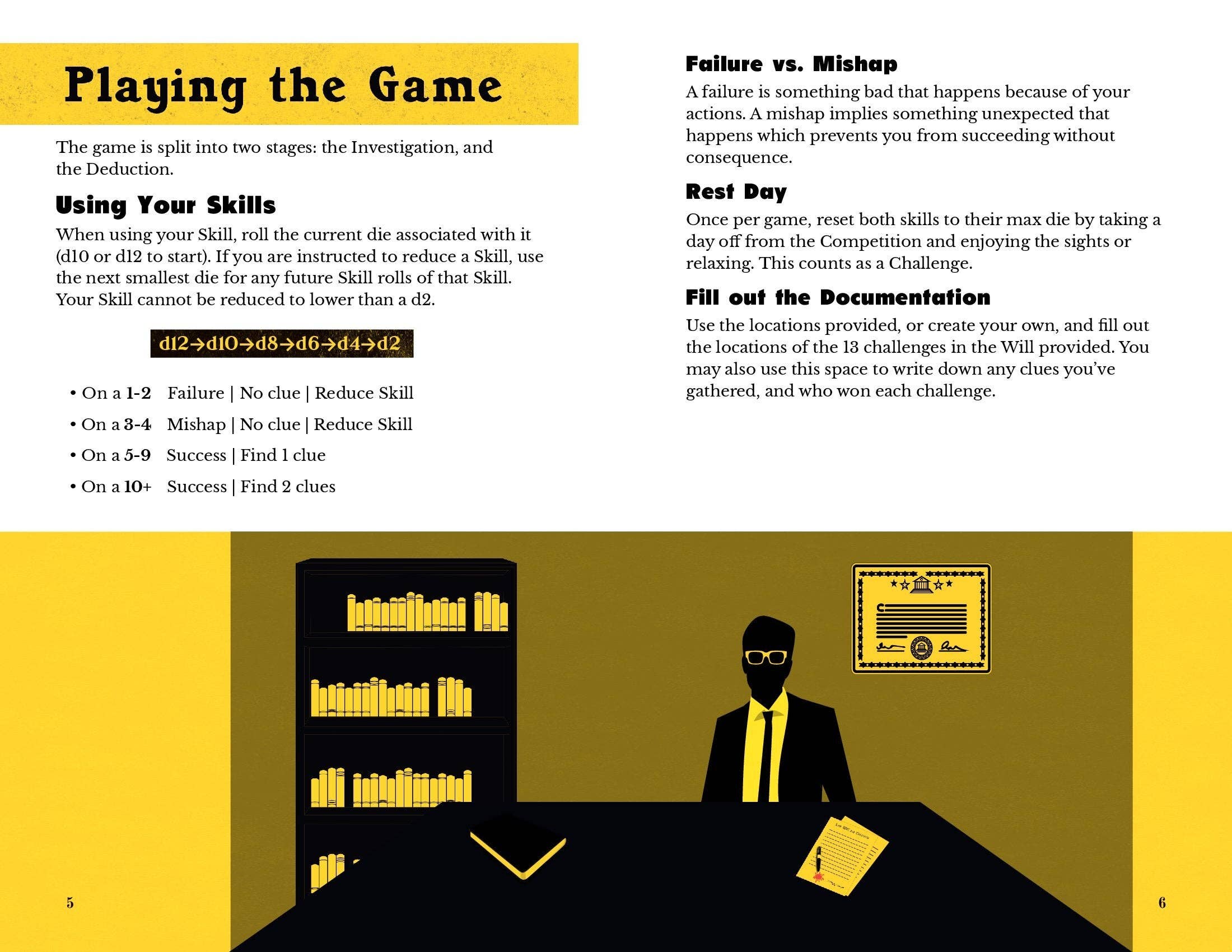 Estate of Play mystery journaling game rulebook open on a desk with documents; person reading.