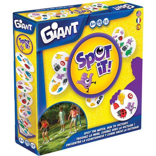 Spot It Giant game box with logo and game pieces featuring symbols.
