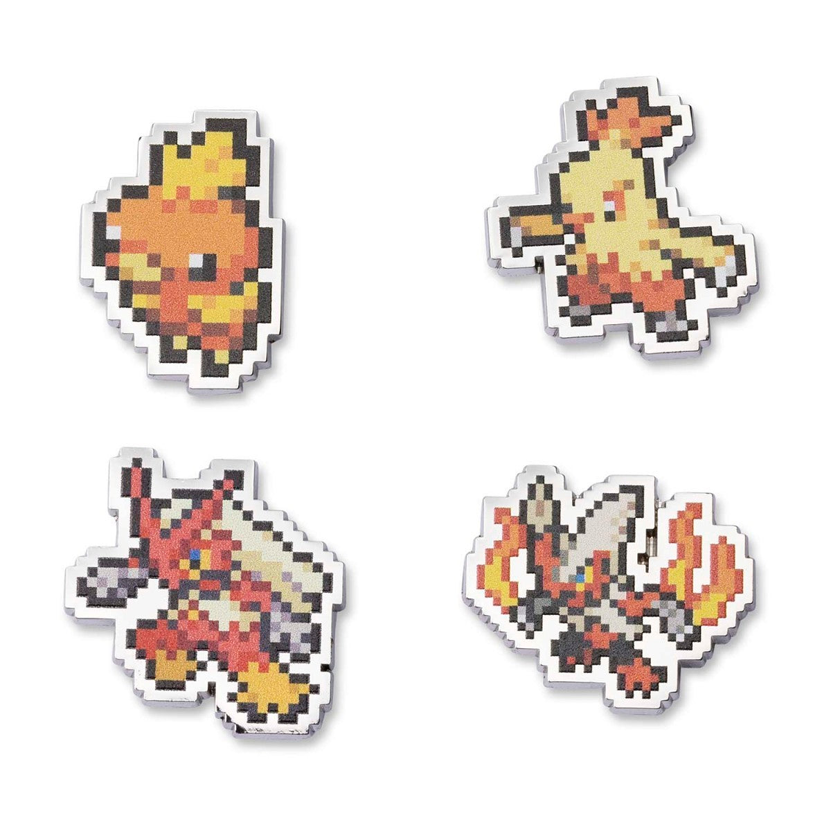 Pixel art Pokémon pins of Torchic, Combusken, Blaziken, and Mega Blaziken, set of four.