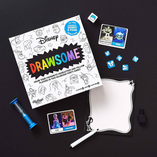 Disney Drawsome game with sketch pad, marker, timer, cards, and blue tokens.