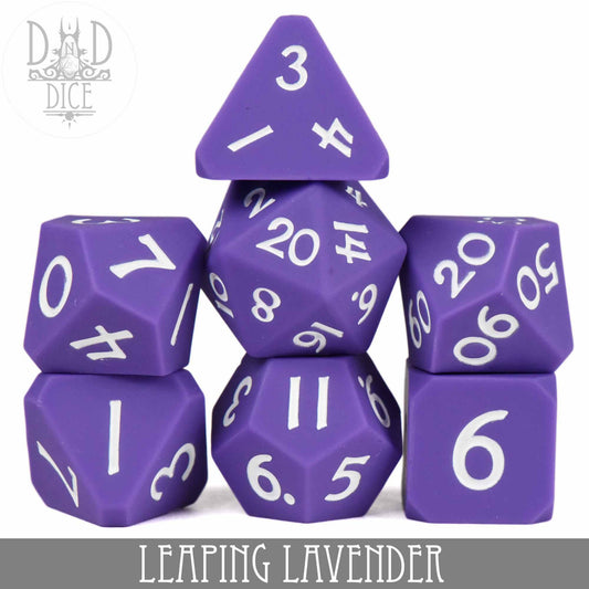 Leaping Lavender (Silicone) set: 7 purple DND dice with white numbers, shown beneath the DnD Dice logo.