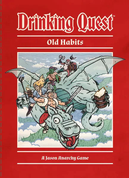 The Drinking Quest: Old Habits game cover showing adventurers riding a dragon.