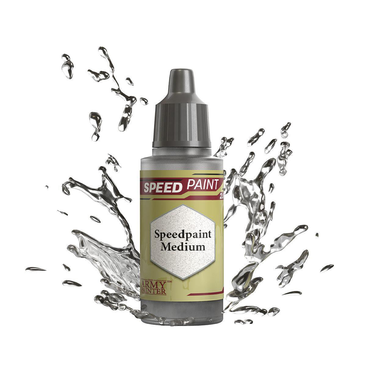 Army Painter Speedpaint Medium bottle with grey cap and clear liquid splashes around it.