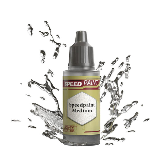 Army Painter Speedpaint Medium bottle with grey cap and clear liquid splashes around it.
