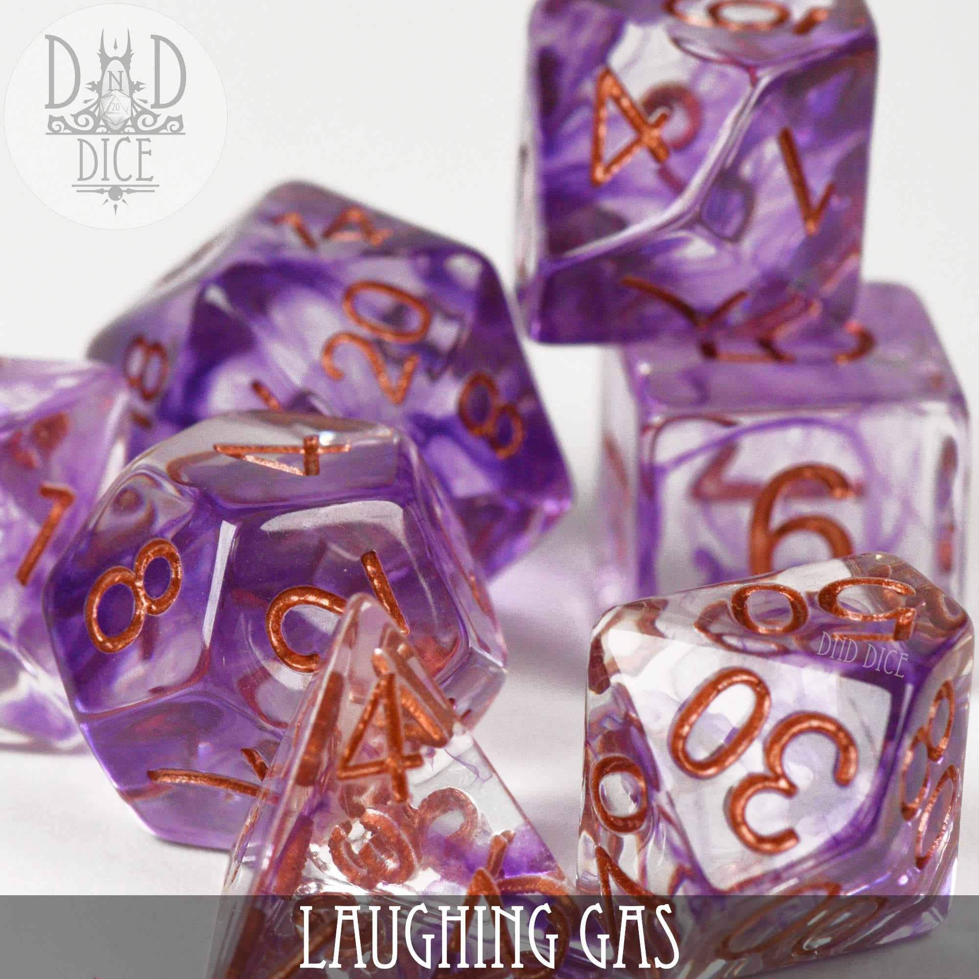 Laughing Gas 7-piece purple resin dice set with copper numbers on a white background.