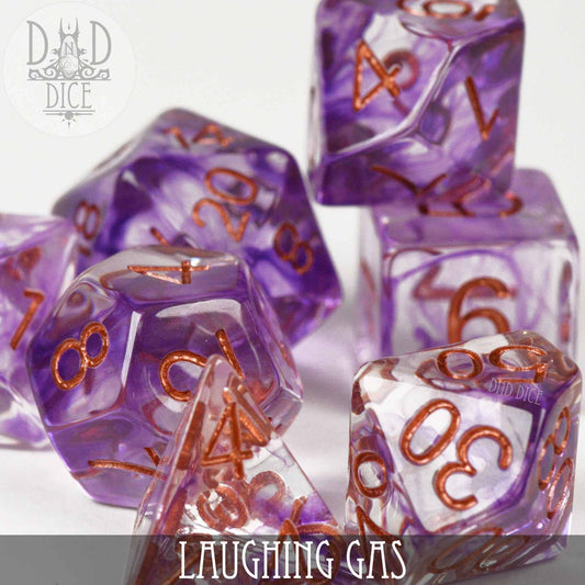 Laughing Gas 7-piece purple resin dice set with copper numbers on a white background.