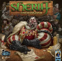 Sheriff of Nottingham board game box featuring sheriff, gold, coins, and merchant strategy elements.