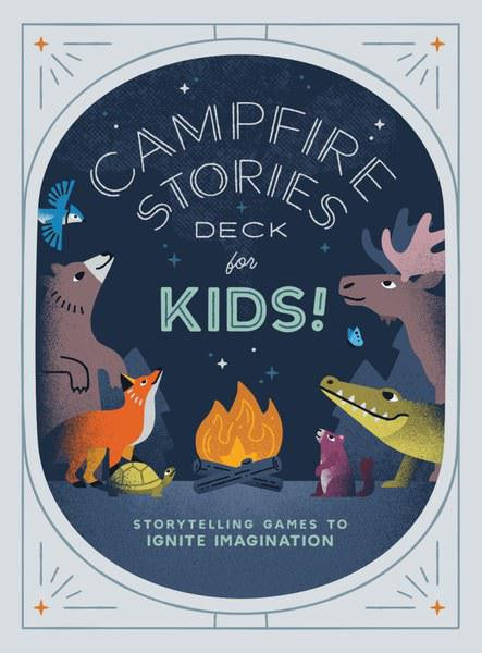 Campfire Stories Deck - For Kids outdoor storytelling game with illustrated animals around a campfire on packaging.