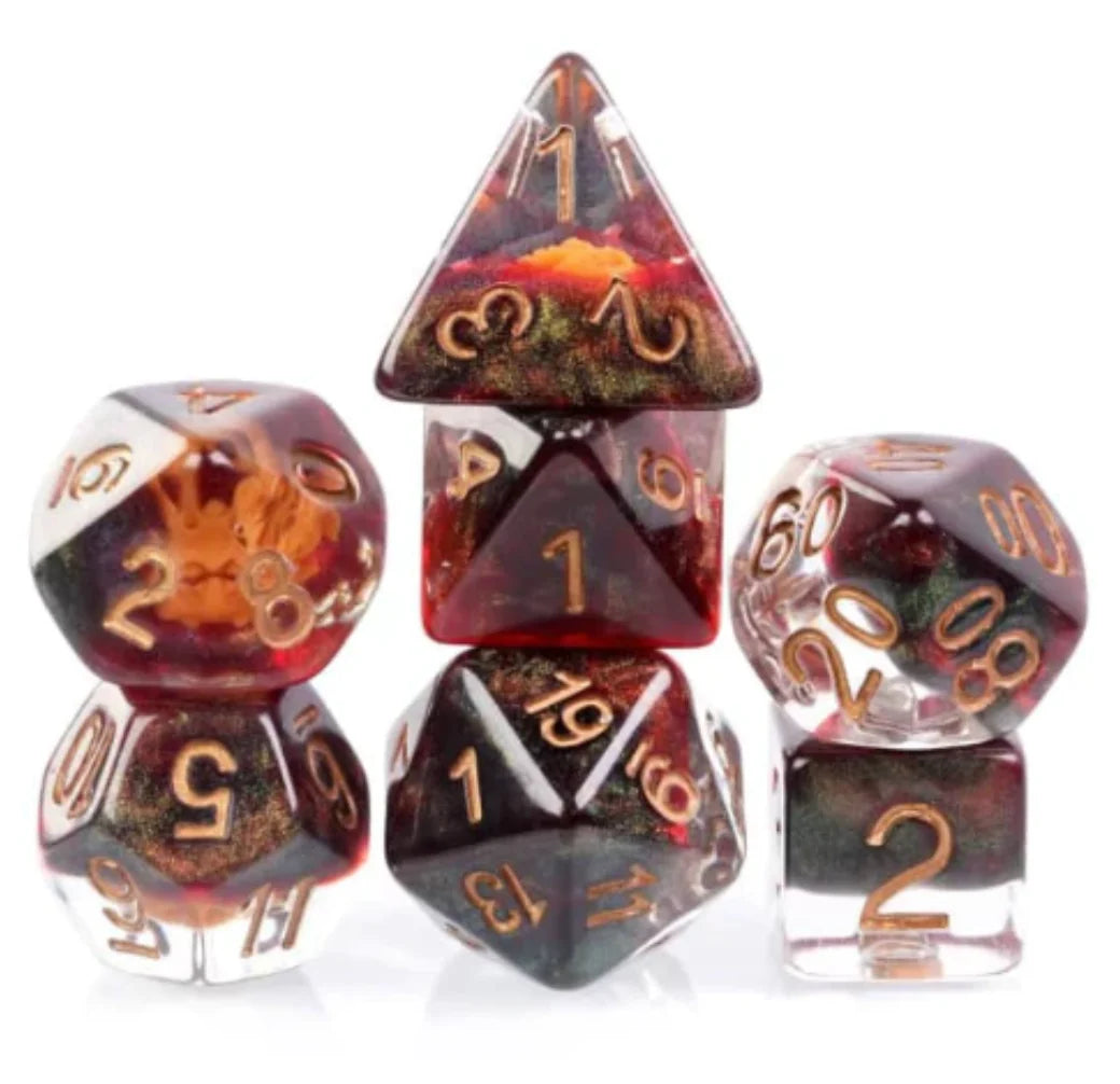 Dragon Mask RPG Dice Set with 5 resin polyhedral dice, gold numbers, and black, red, and orange swirls.