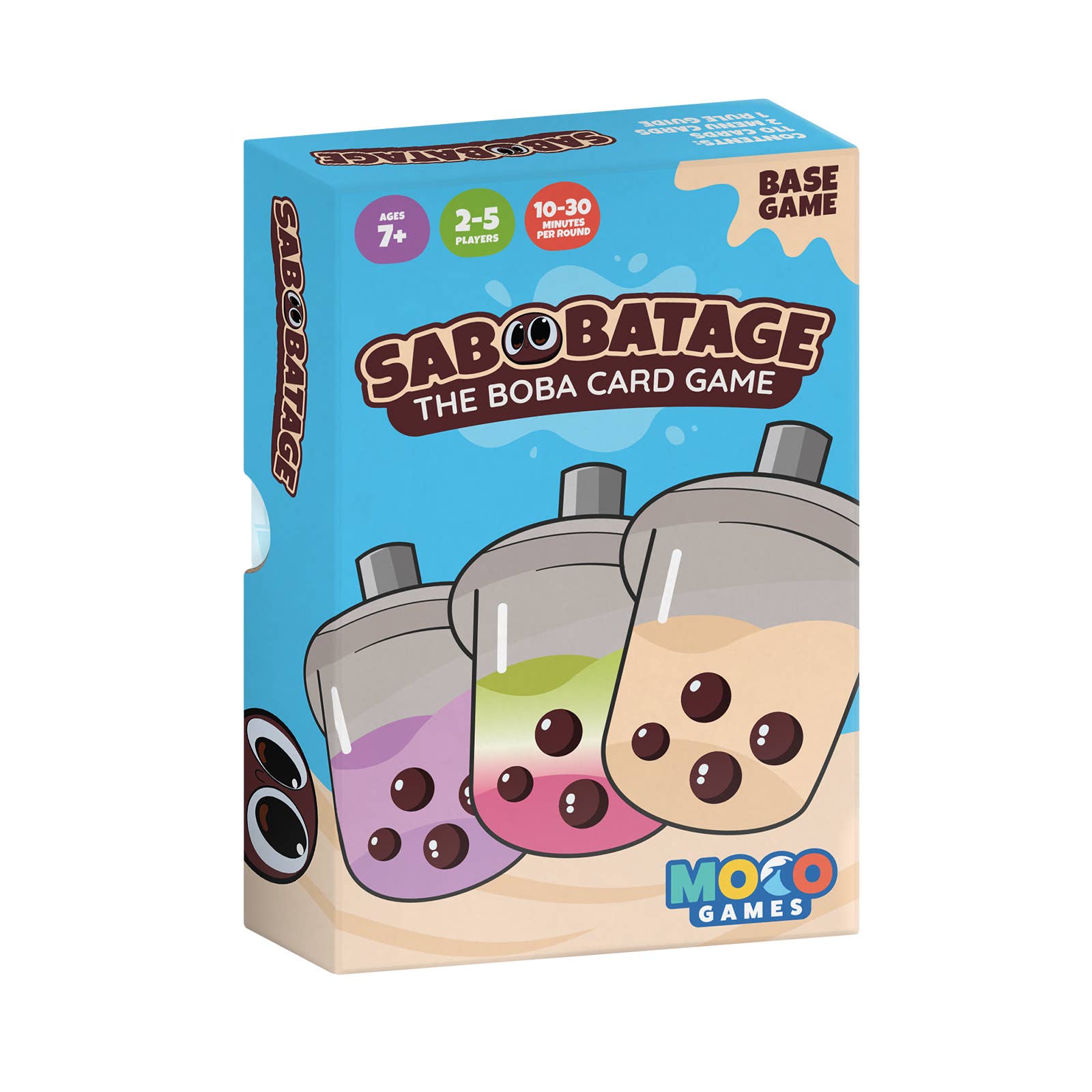 Sabobatage 3rd Edition card game featuring three cartoon boba drinks.