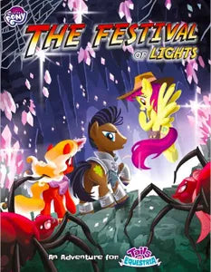 Tails of Equestria RPG: three ponies confront giant red spiders in Umberfoal during the Festival of Lights.