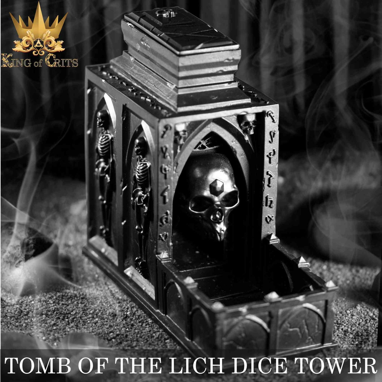 Tomb of the Lich Dice Tower, resin, gothic design with skulls and skeletons in black and white.