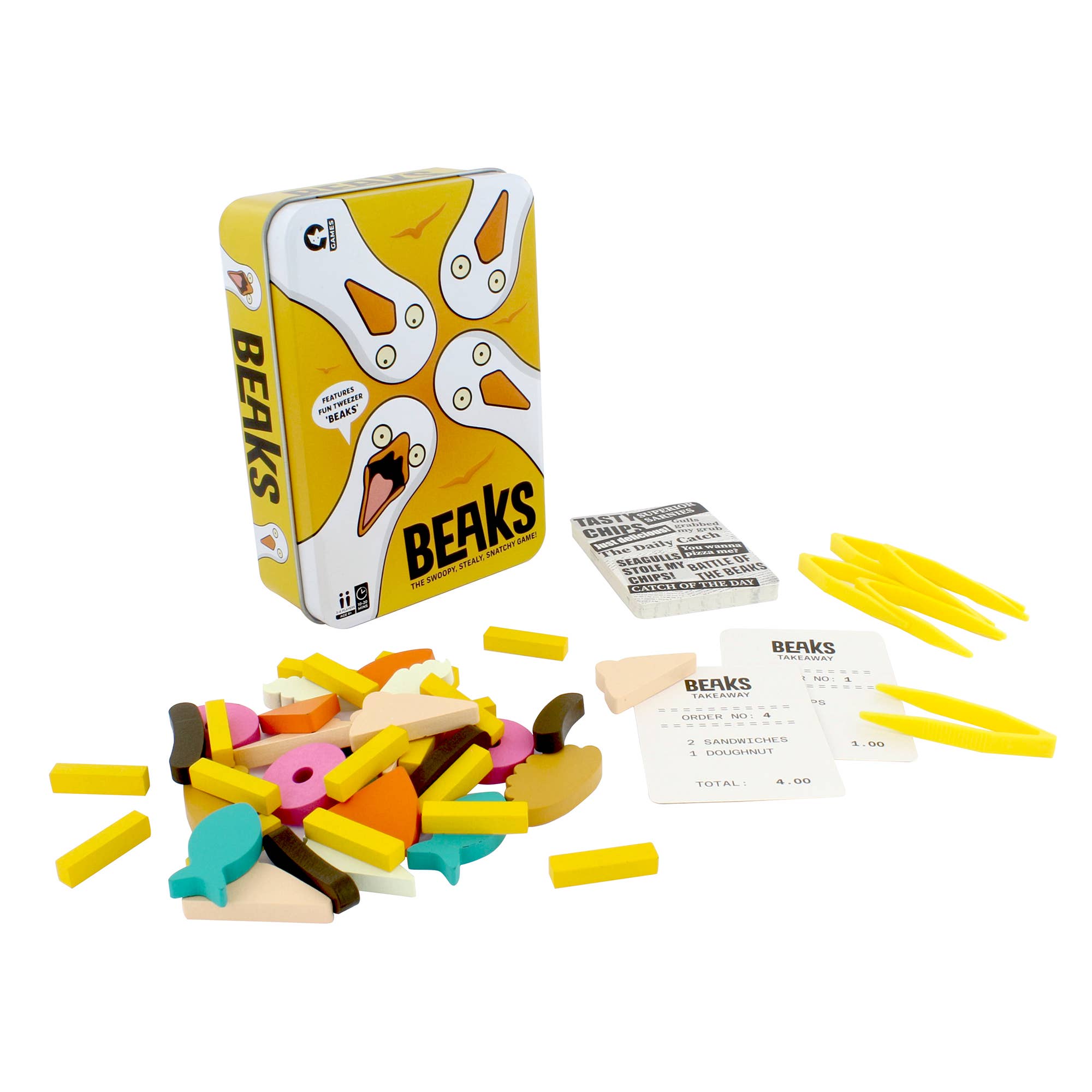 Beaks family dexterity game: yellow tin, tweezers, wooden food tokens, and takeaway order cards.