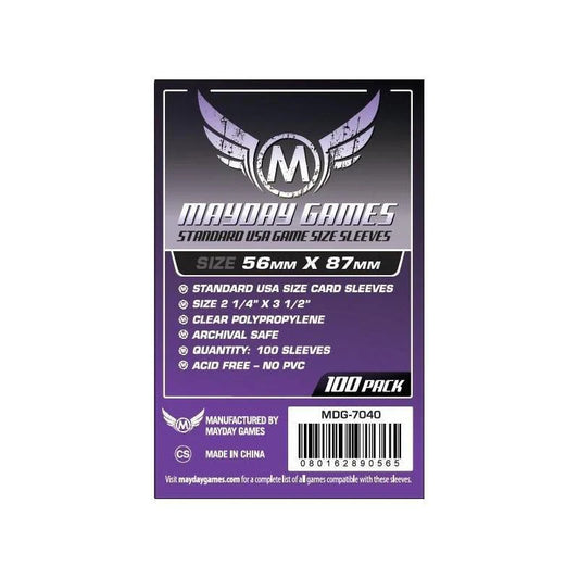 Mayday Game Card Sleeves, 56mm x 87mm, pack of 100, archival safe, acid free, for standard USA cards.