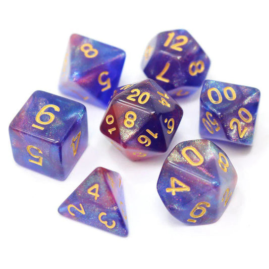 Blue Enchantress RPG Dice Set, 7 glittery acrylic polyhedral dice, 16mm size with gold numbers.