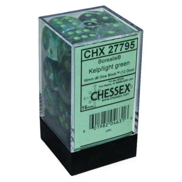 12 Borealis Luminary Kelp/Light Green 16mm d6 dice in a clear plastic case.