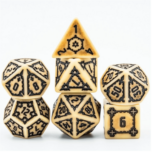 Huge Parchment Castle Dice Set 25mm, five ornate dice (d20, d8, d6, d12, d10) on white background.