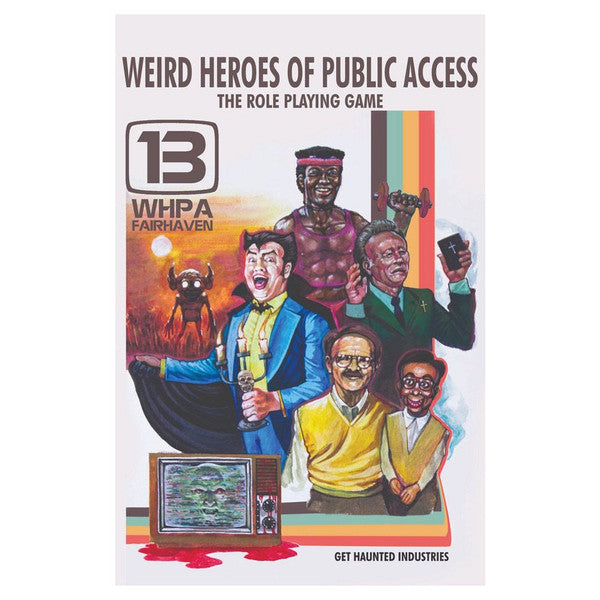 Weird Heroes of Public Access poster featuring illustrated characters, TV, and rainbow stripes.