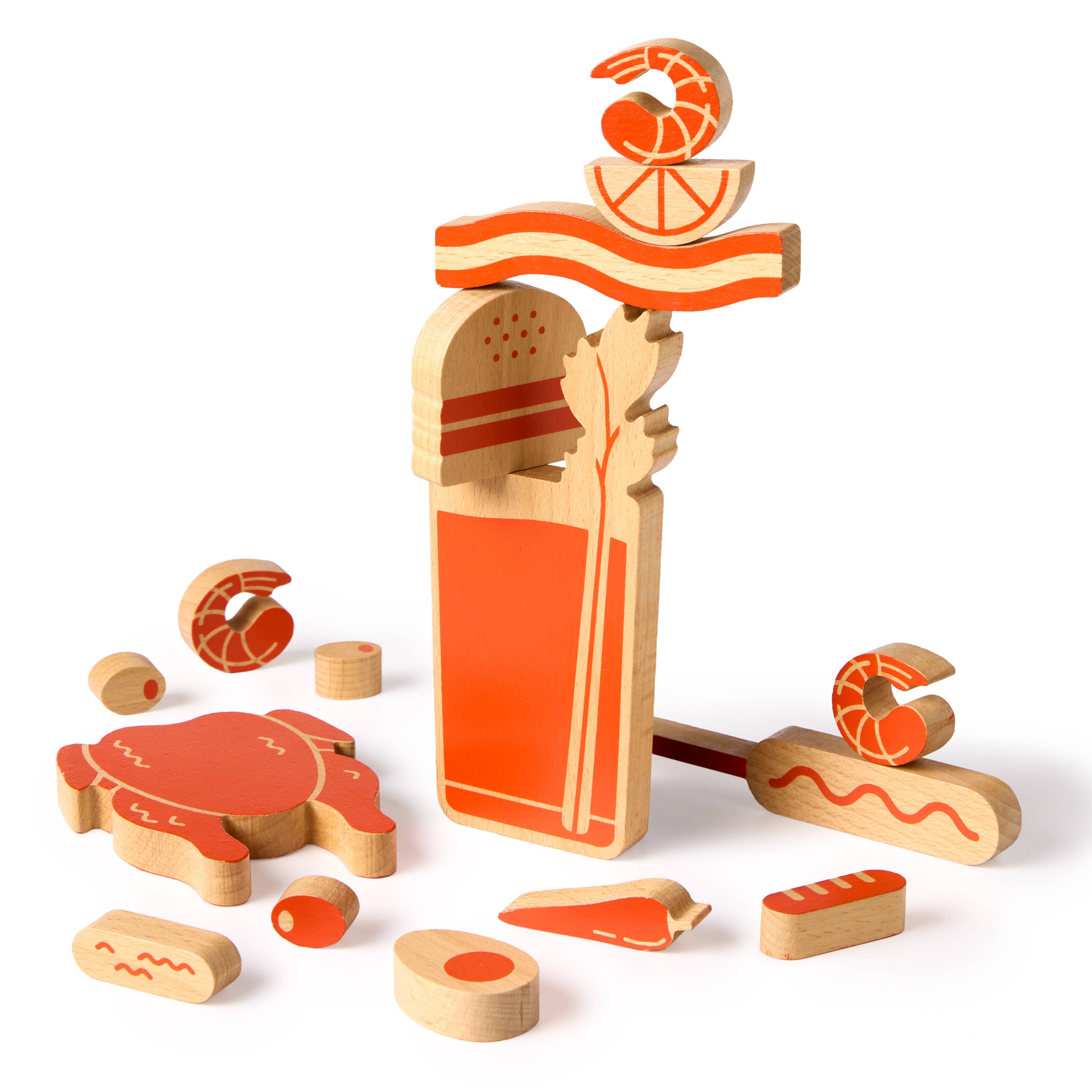 Brass Monkey (Over) Loaded Bloody Mary Balance Game with stackable shrimp, lemon, and other pieces.