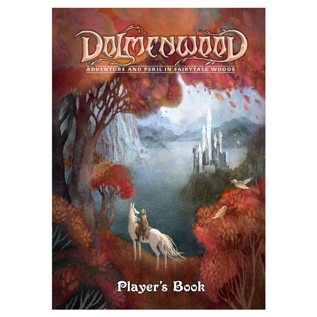 Dolmenwood: Player’s Book cover showing a rider on a white horse approaching a distant castle; title text included.