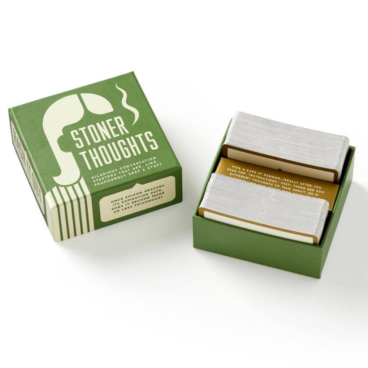 Brass Monkey Stoner Thoughts Conversation Starters box open with two card stacks and lid beside it.