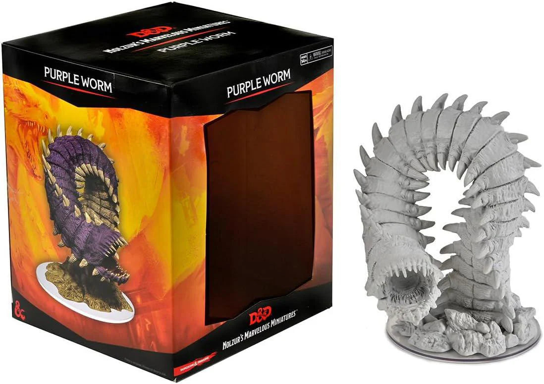 Purple Worm Unpainted Miniature from Dungeons & Dragons Nolzurs displayed beside its original box.